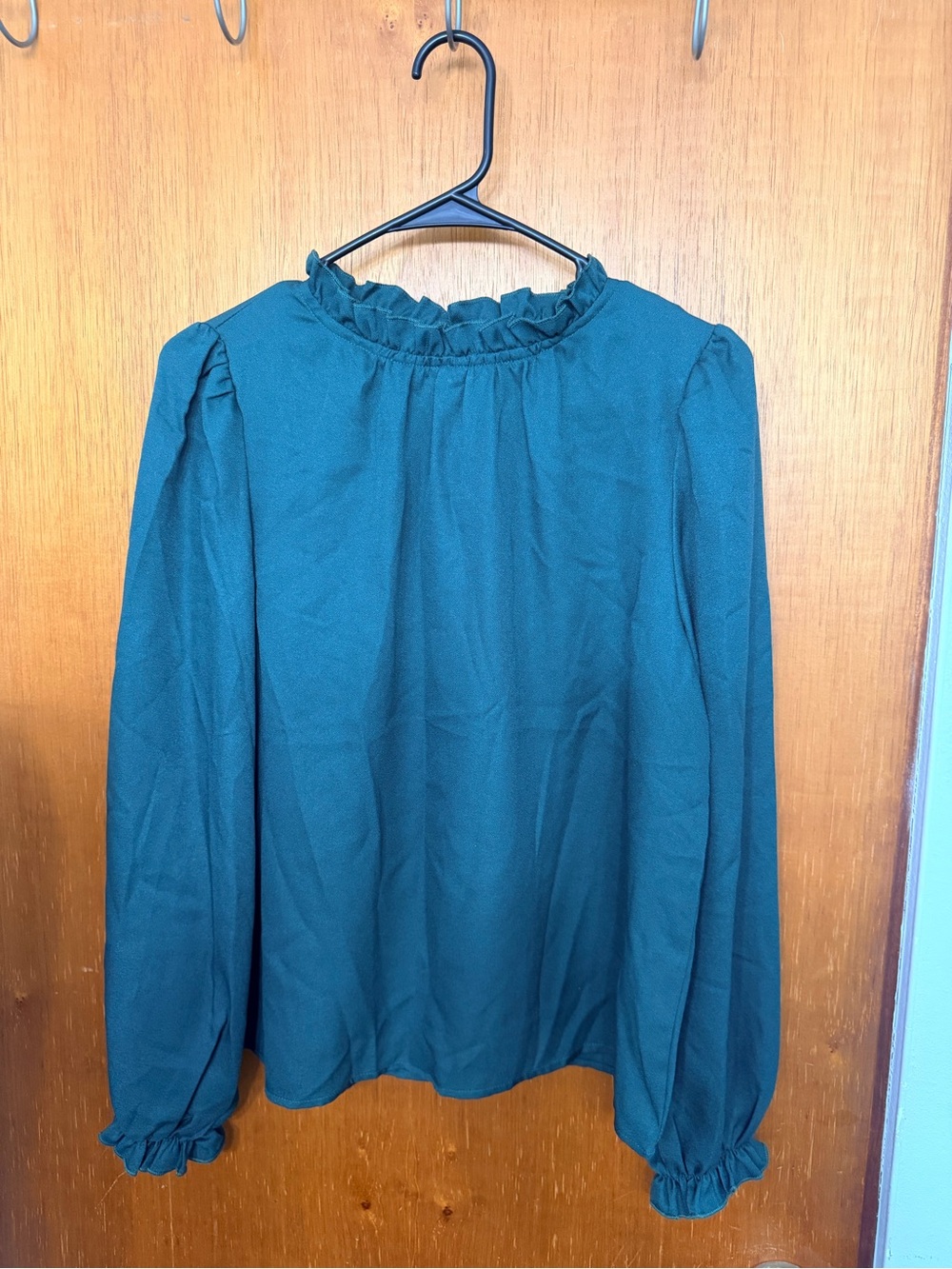 SHEIN Teal Ruffle-Neck Long Sleeve Blouse